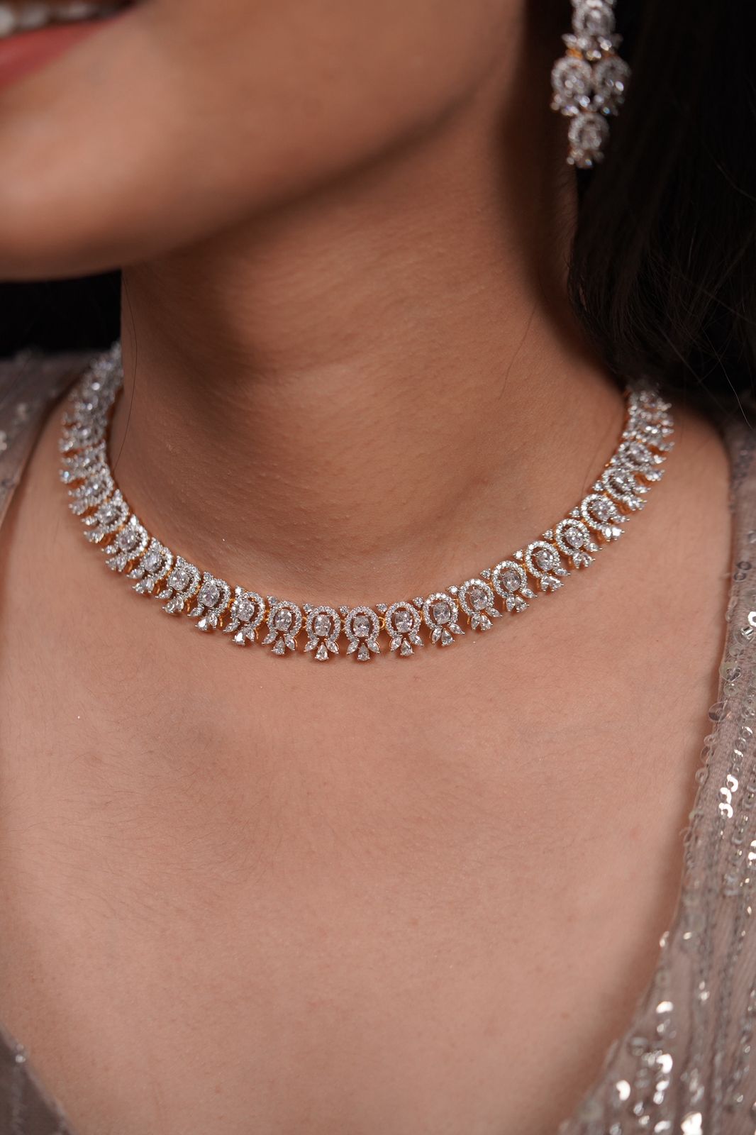 Riri Oval Diamond Dainty Necklace Set with Mid Sized Earrings