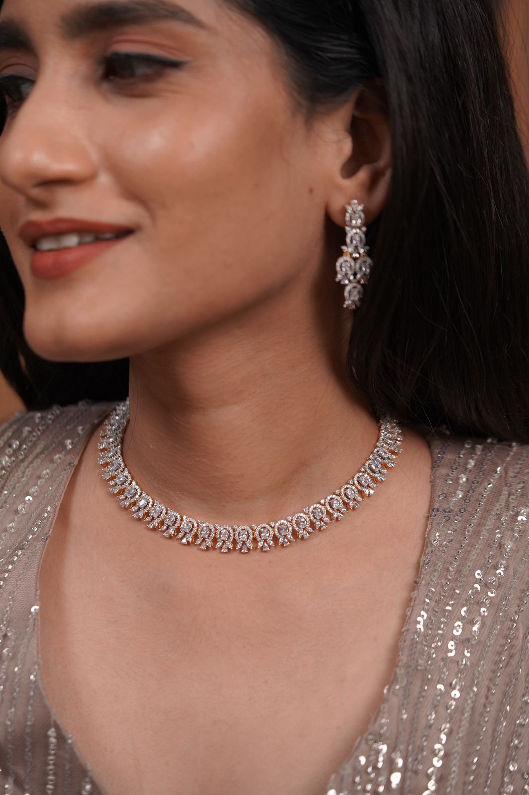 Riri Oval Diamond Dainty Necklace Set with Mid Sized Earrings