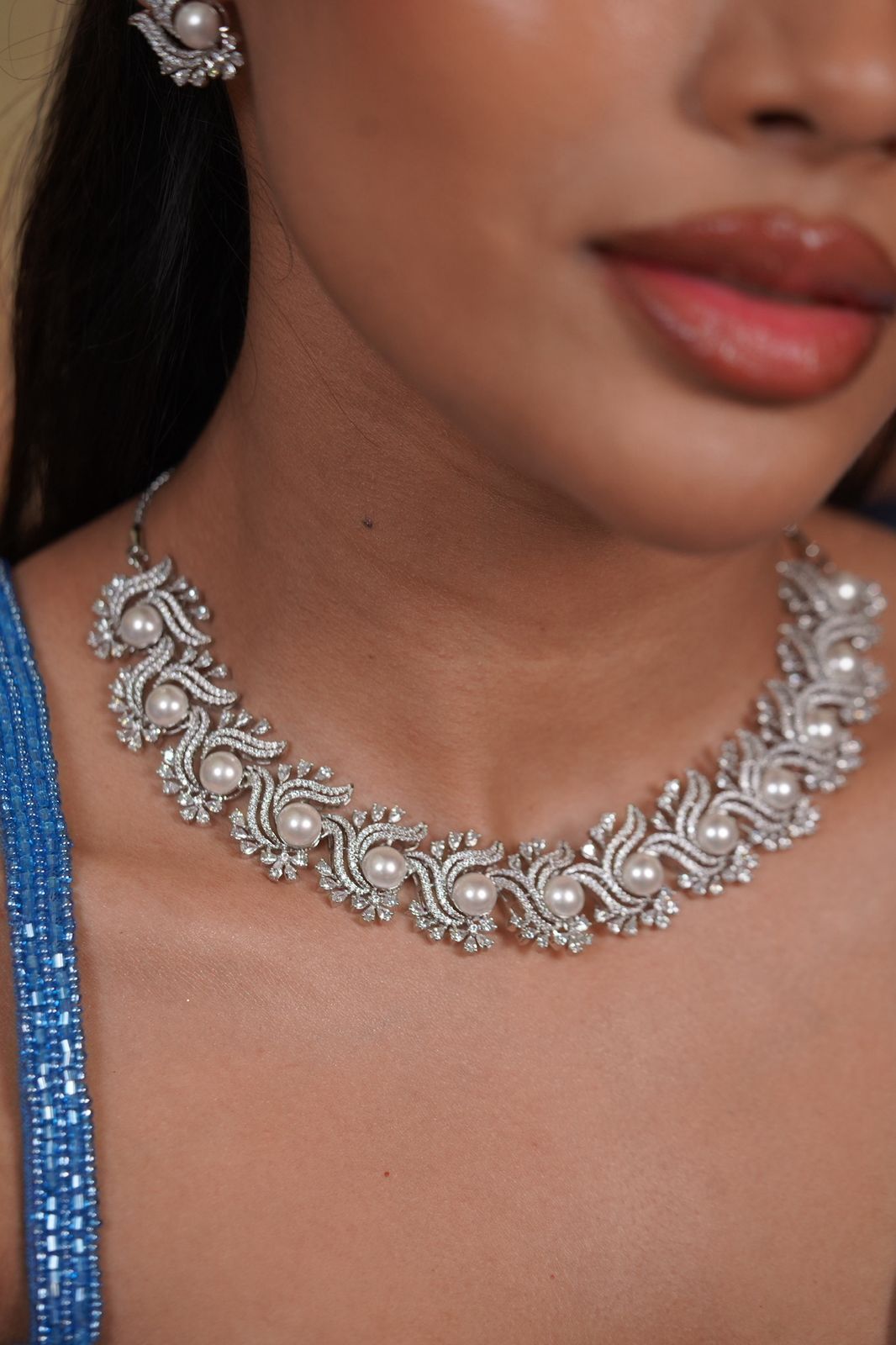Lara Diamond Pearl Designer Necklace Set | Mid Sized