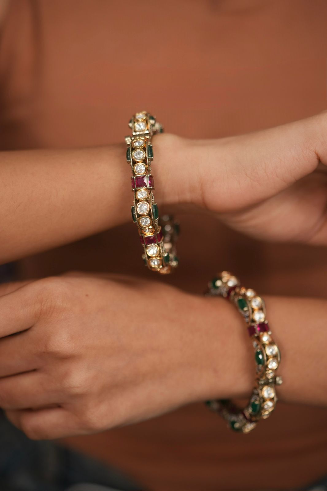 Samohar Moissanite Polki Gajra Pacheli Indian Bangle Set | Ruby Green