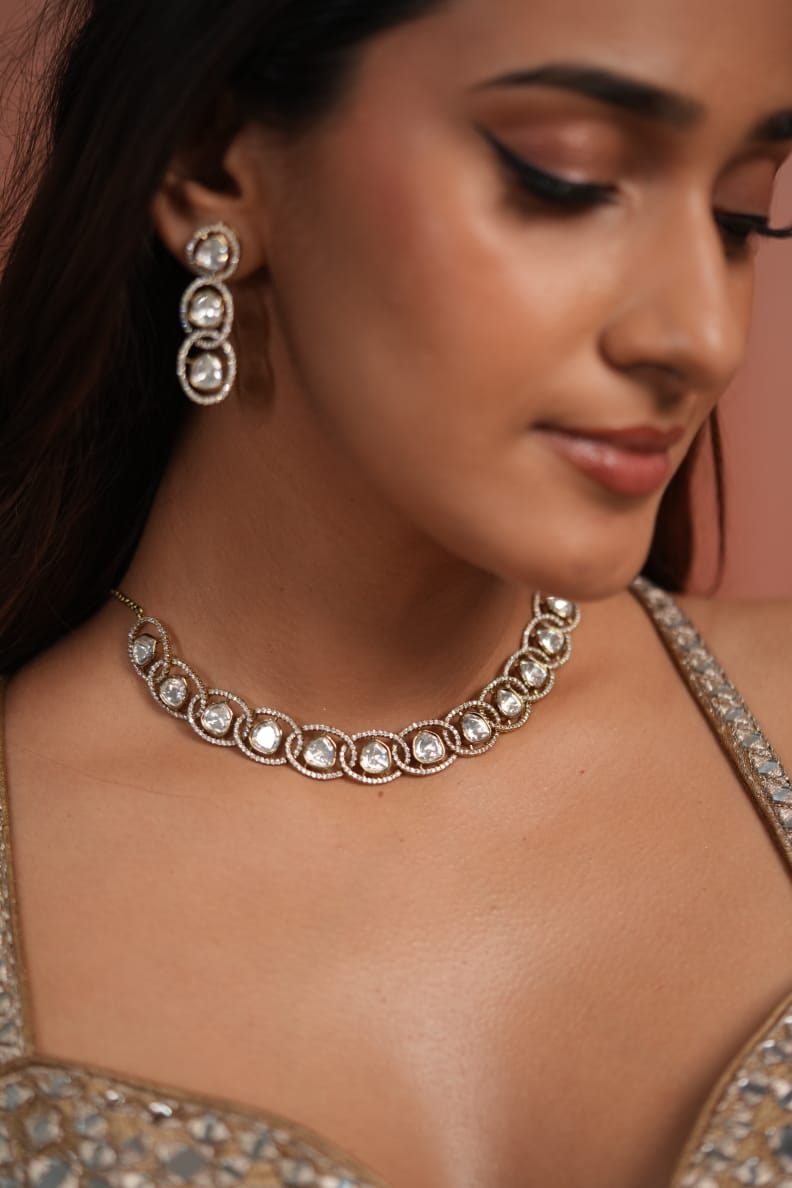 Kiki Polki Moissanite Antique Gold Necklace| Choker Set