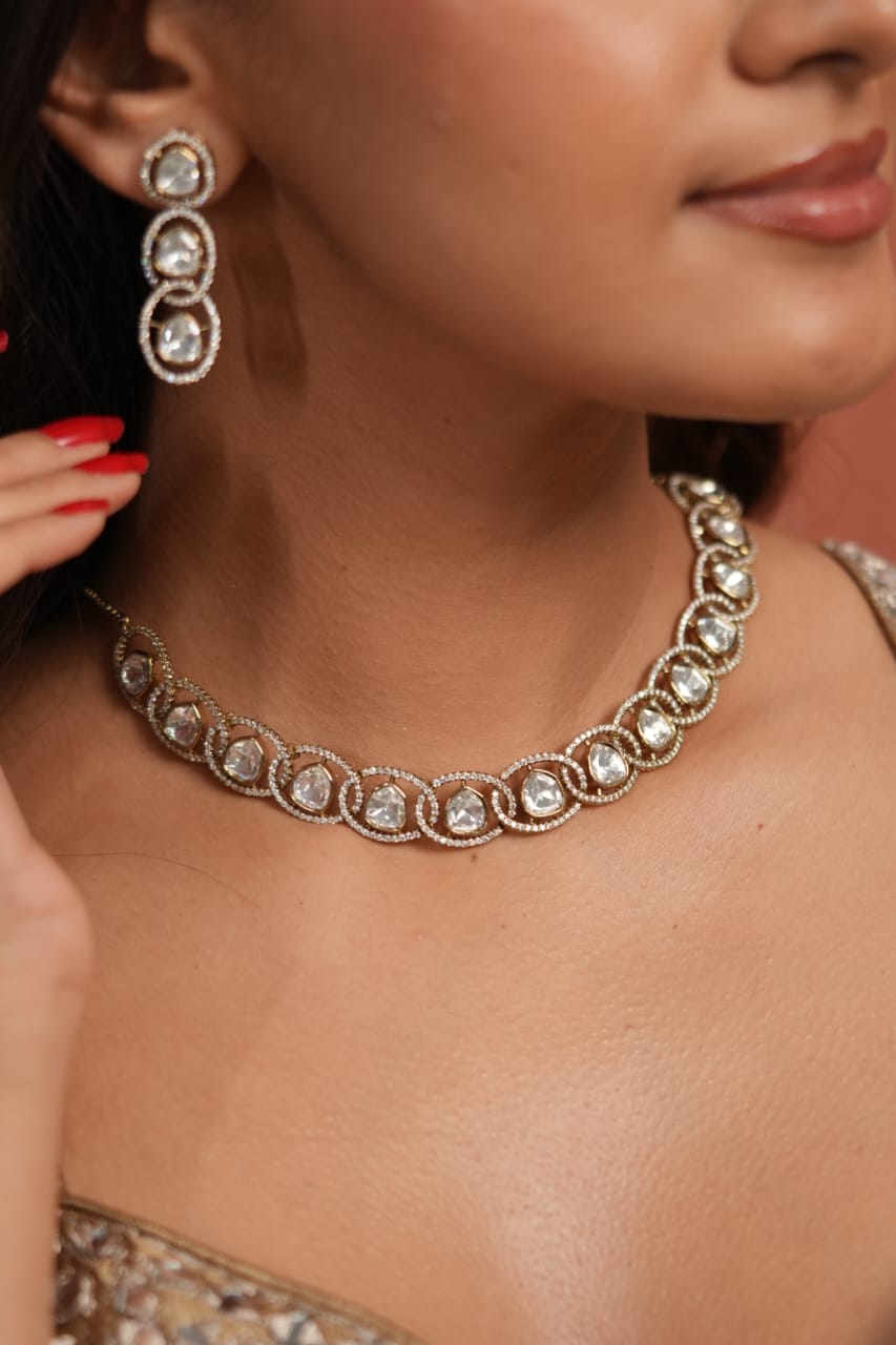 Kiki Polki Moissanite Antique Gold Necklace| Choker Set