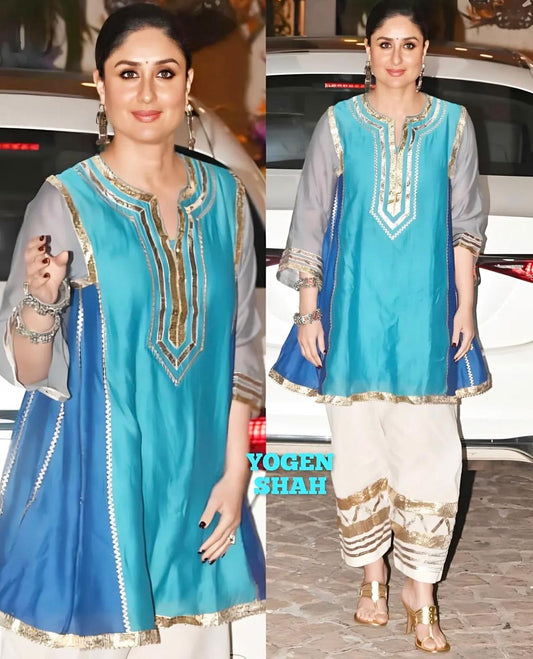 Royal Blue Embroidered Short Kurti with Tulip Pants Set