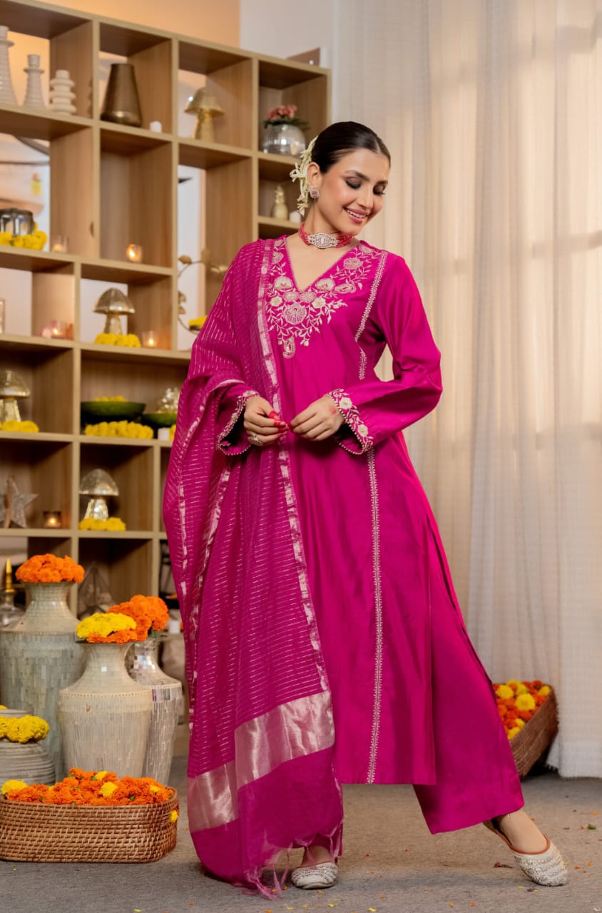Magenta / Rani Pink Embroidered Kurta Pant Set with Dupatta