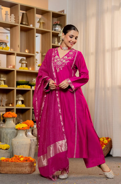 Magenta / Rani Pink Embroidered Kurta Pant Set with Dupatta