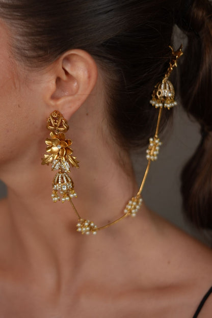 Siliguri Floral Polki Gold Long Hairchain Earring | 2 in 1