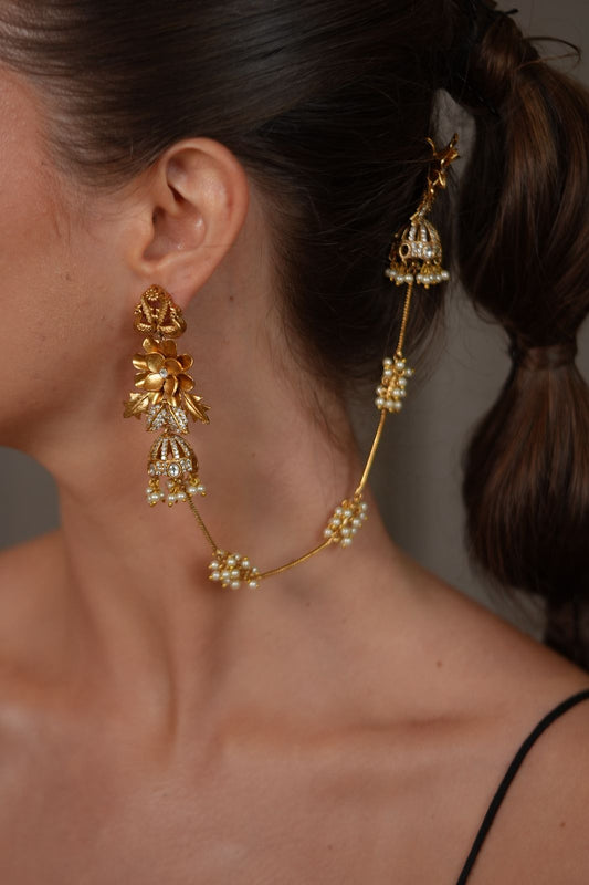 Siliguri Floral Polki Gold Long Hairchain Earring | 2 in 1