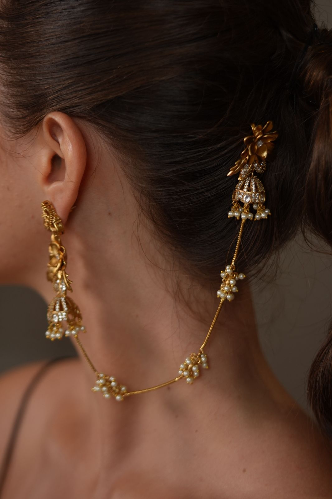 Siliguri Floral Polki Gold Long Hairchain Earring | 2 in 1