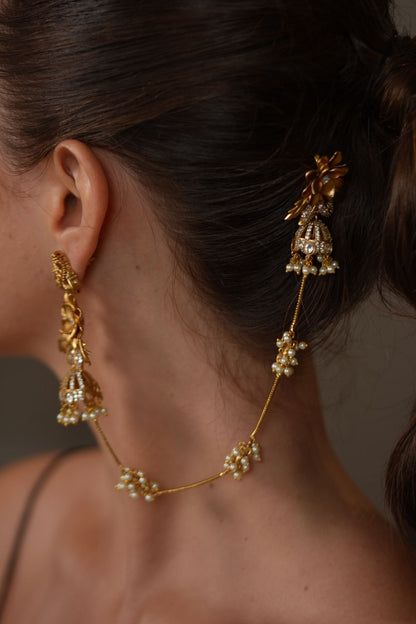 Siliguri Floral Polki Gold Long Hairchain Earring | 2 in 1