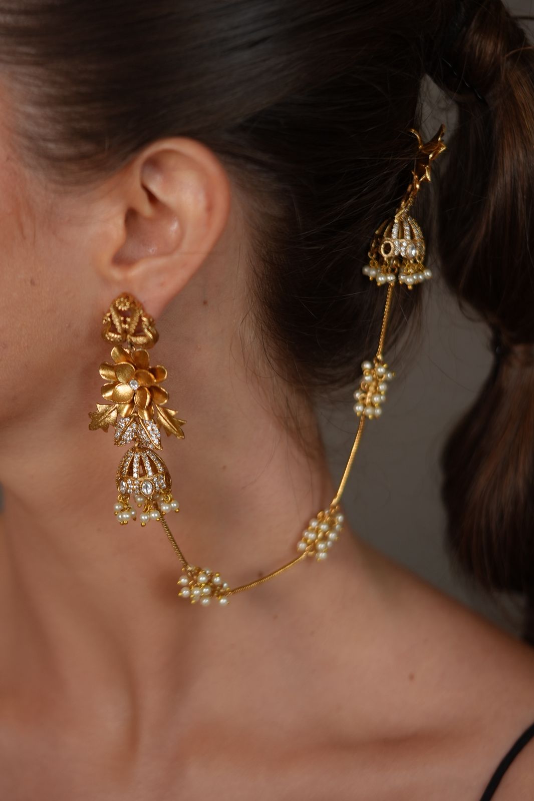 Siliguri Floral Polki Gold Long Hairchain Earring | 2 in 1