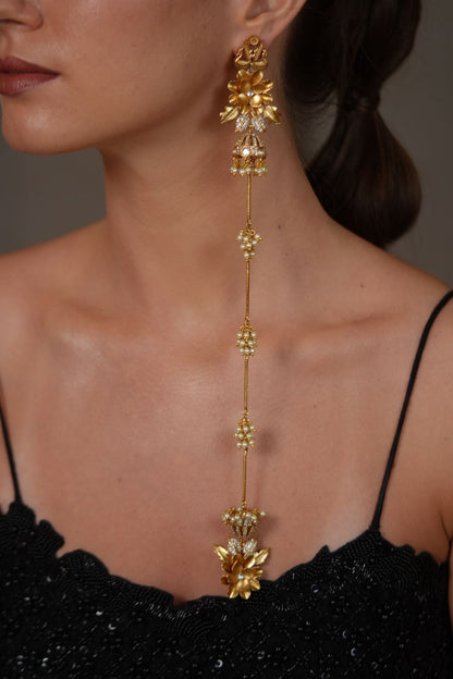 Siliguri Floral Polki Gold Long Hairchain Earring | 2 in 1