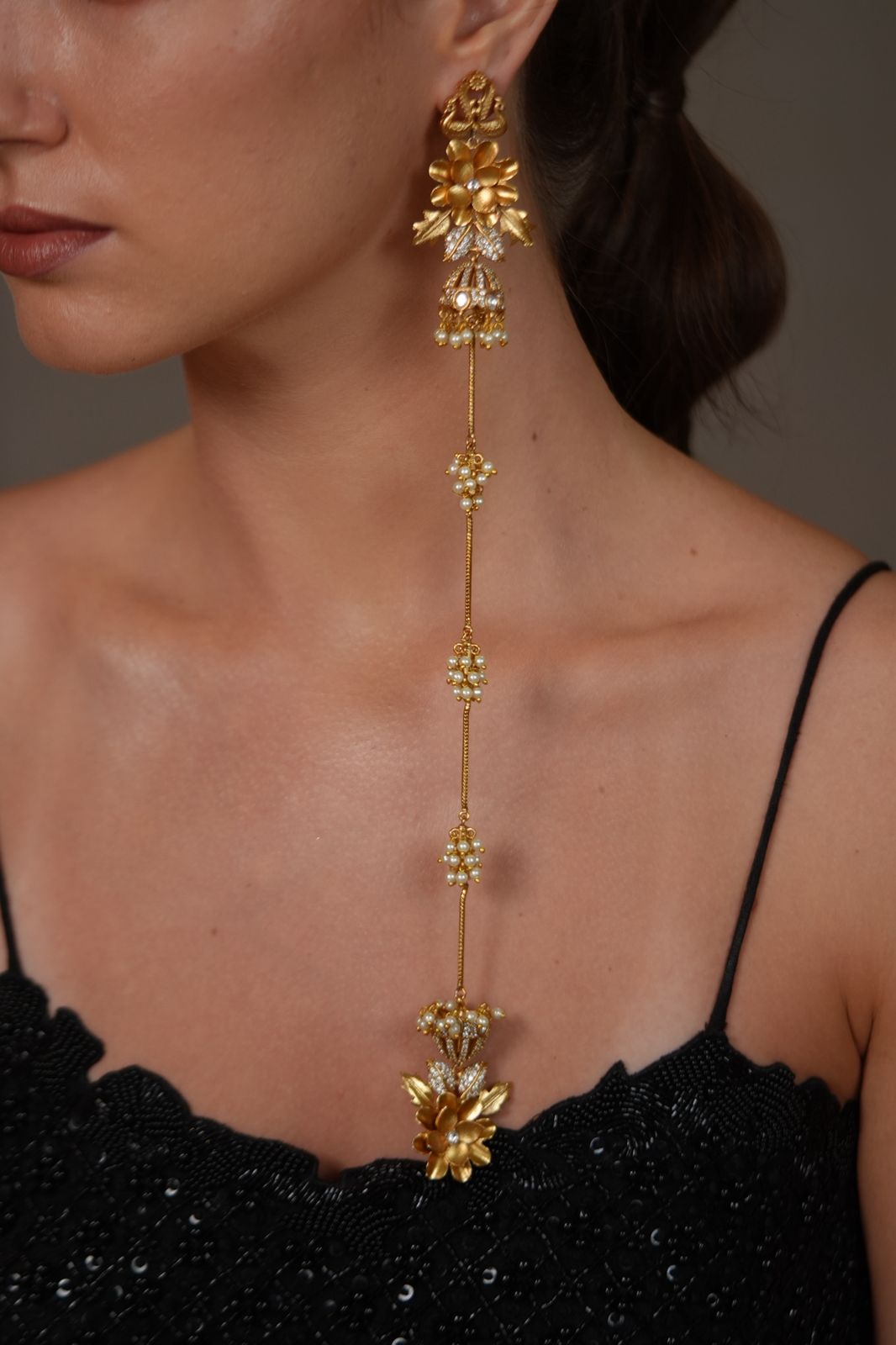 Siliguri Floral Polki Gold Long Hairchain Earring | 2 in 1