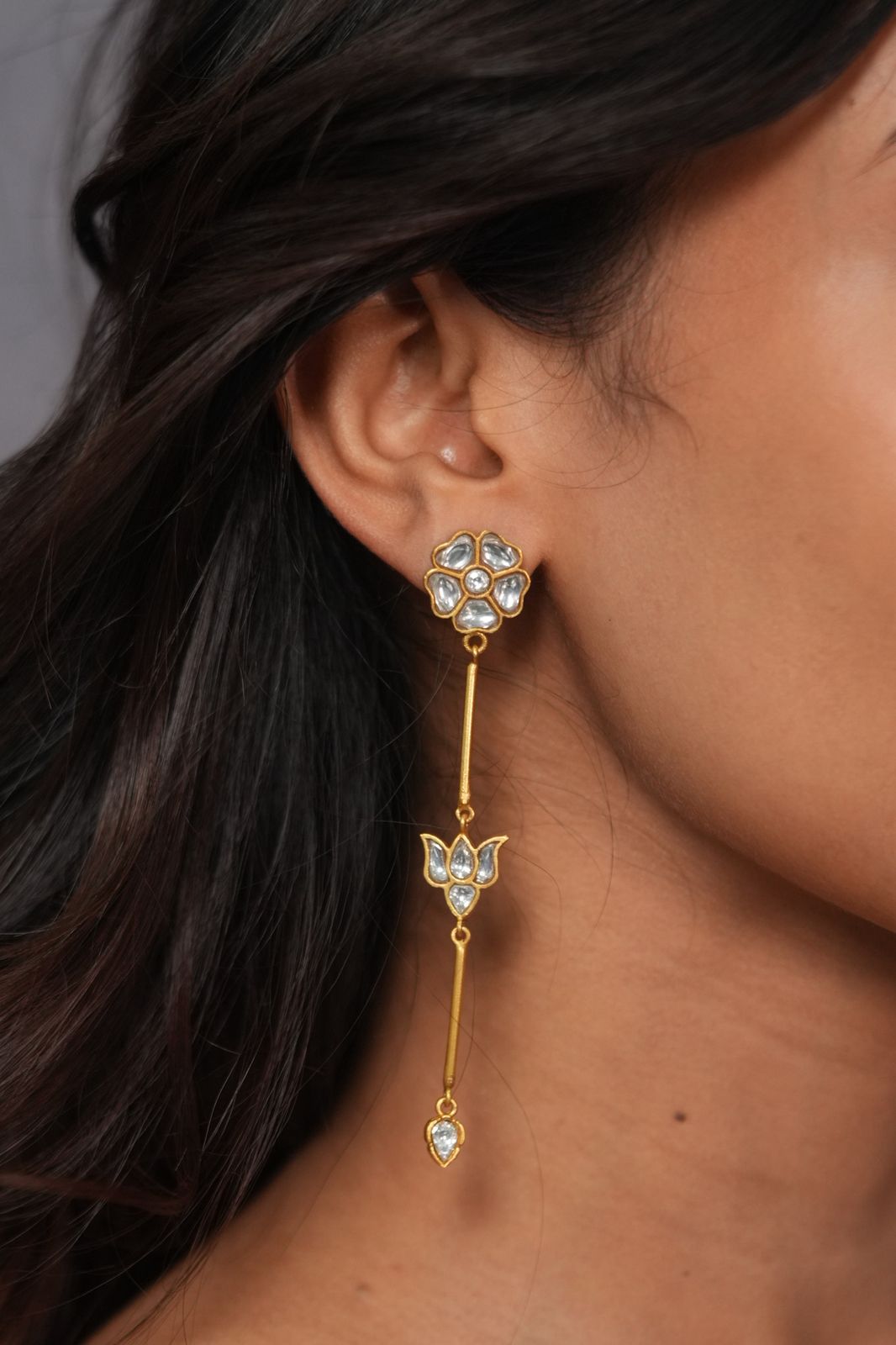 Fooldhaar Delicate Polki Long Indian Earrings | Indo western
