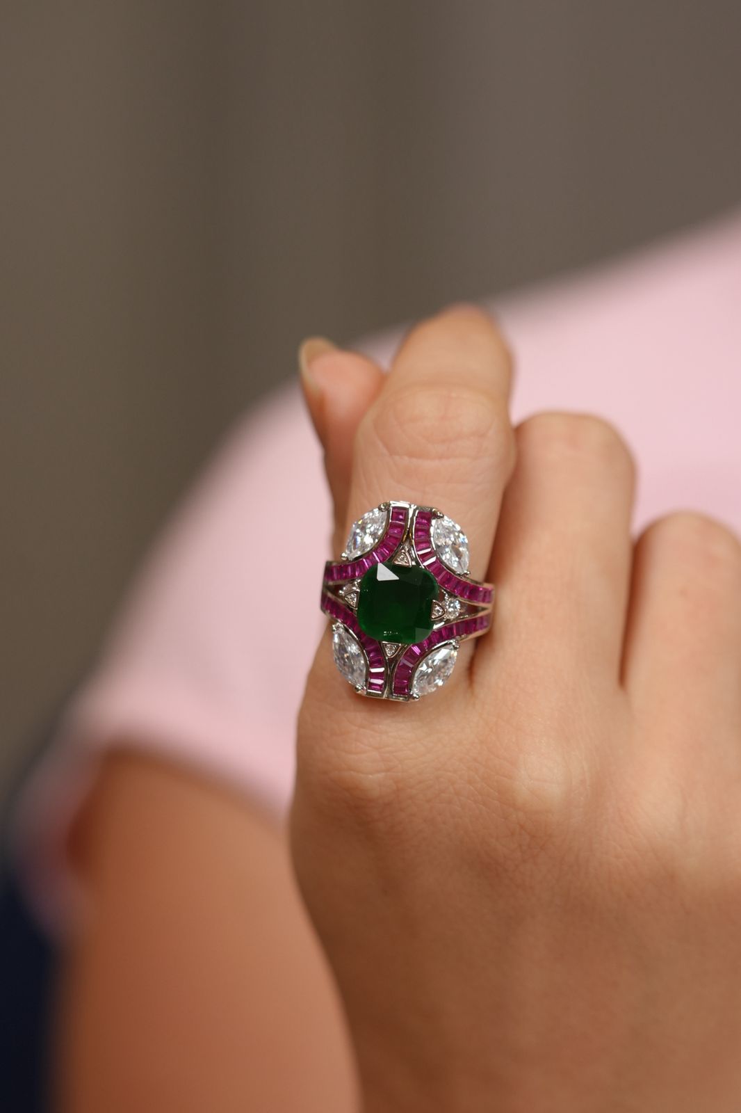Zoe Emerald Ruby Diamond Cocktail Ring | Adjustable