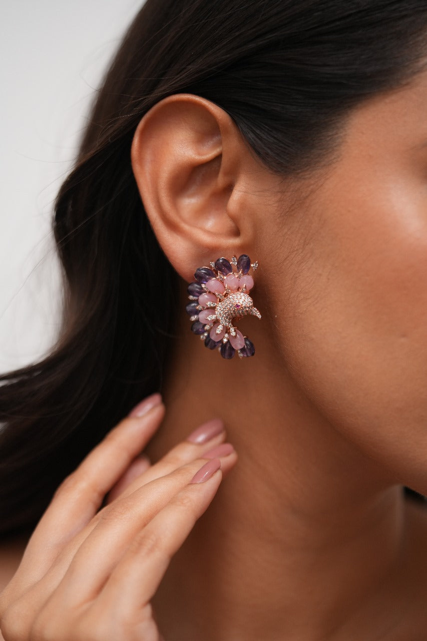 Peeking Peacock Pastel Beaded Diamond Studs | Lala Land Collection