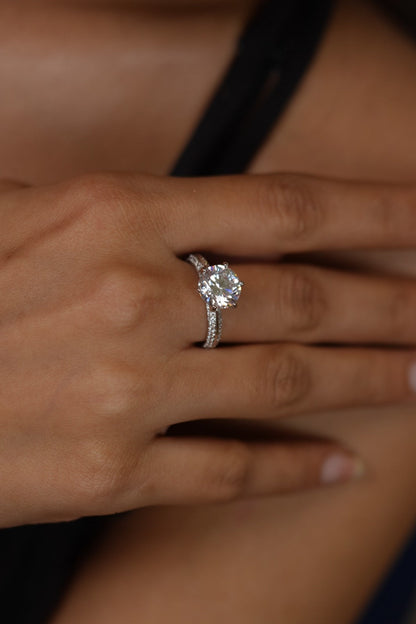 Jia 3 Carat Round Classic Solitaire Ring with Clustered Diamond Band