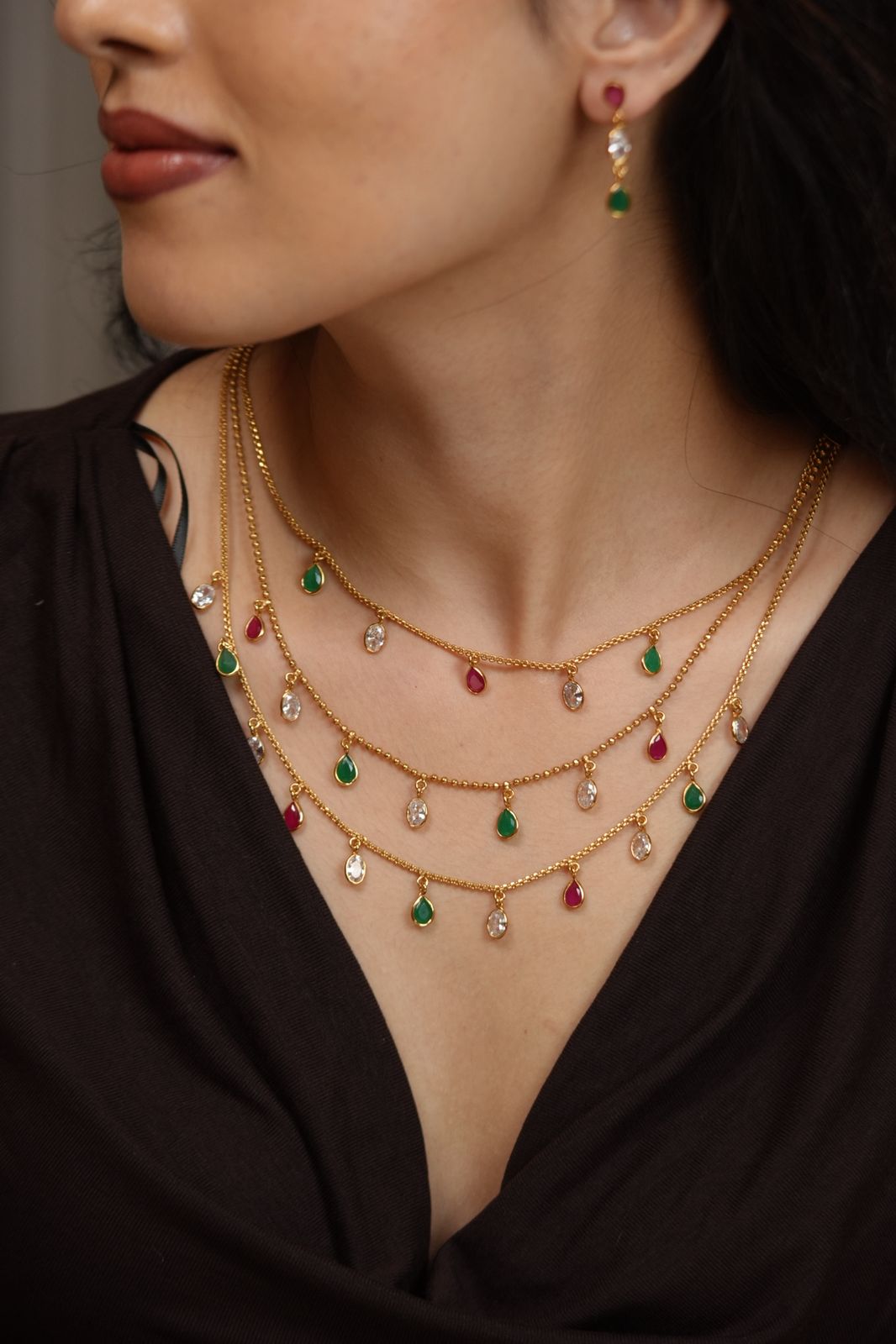 Society 3 Row Gemstone Polki Necklace set