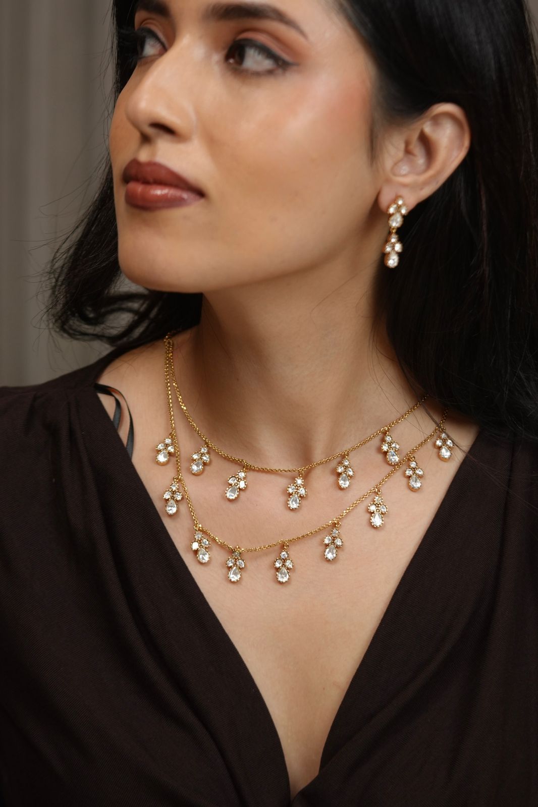 Samarth 2 Line Polki Drop Delicate Necklace Set