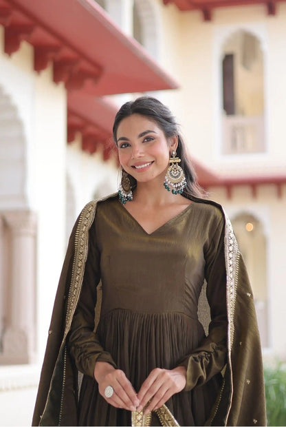 Elegant Olive Ethnic Anarkali Set for Women