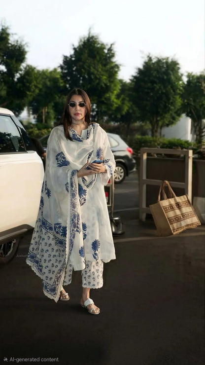Elegant White & Blue Floral Printed Kurta Set with Dupatta