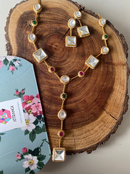 Nisha Long Statement Polki Drop Necklace with Earrings
