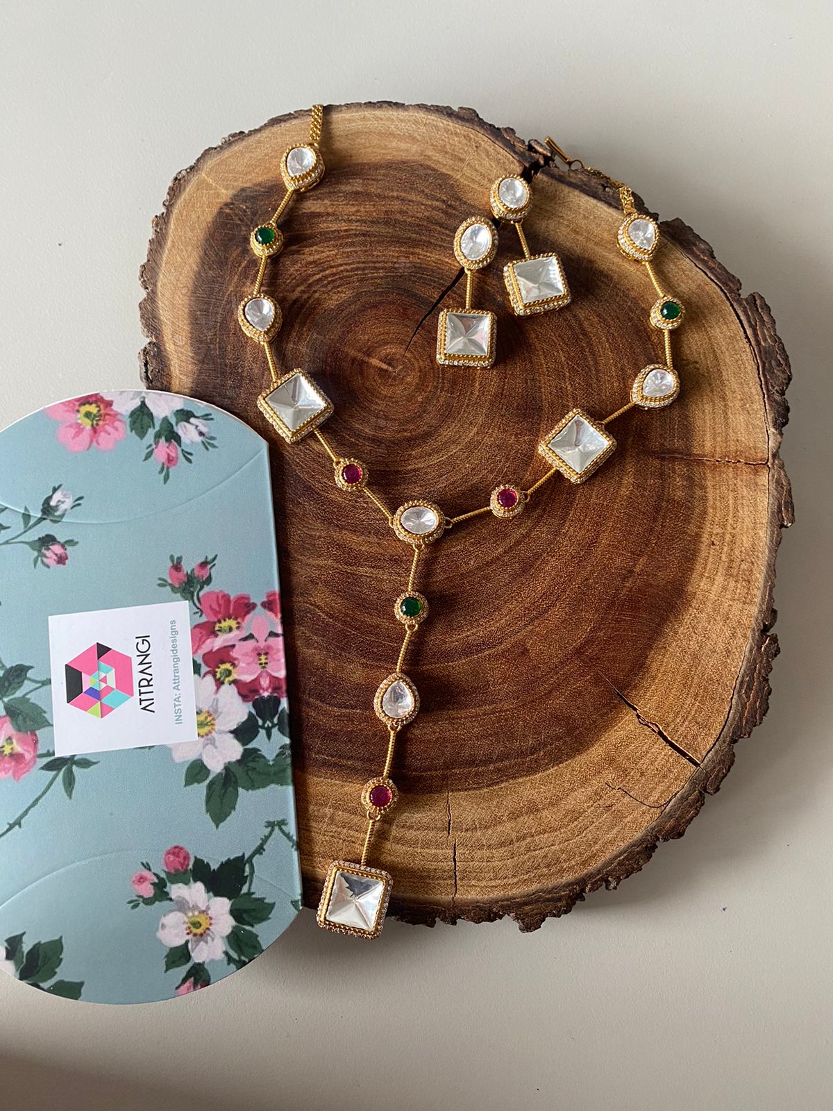Nisha Long Statement Polki Drop Necklace with Earrings