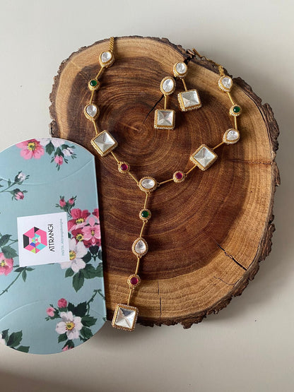 Nisha Long Statement Polki Drop Necklace with Earrings