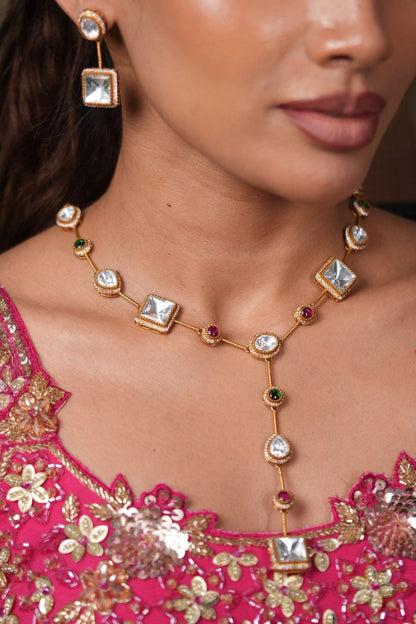 Nisha Long Statement Polki Drop Necklace with Earrings