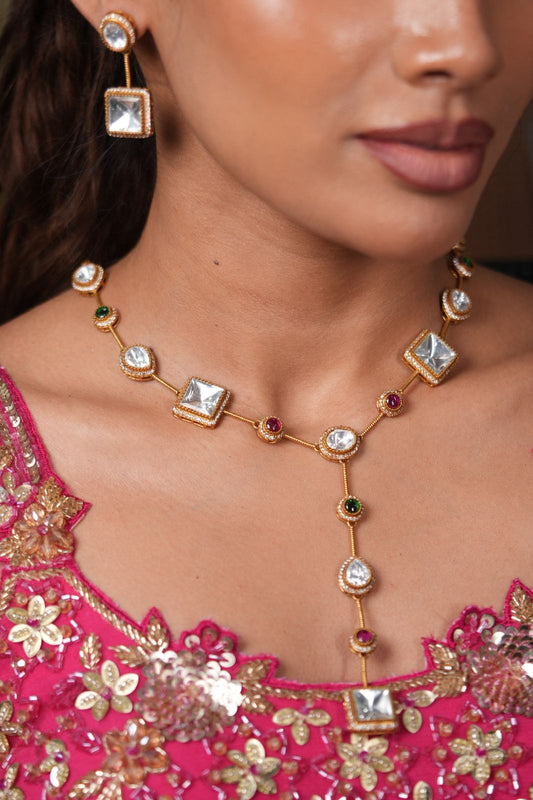 Nisha Long Statement Polki Drop Necklace with Earrings