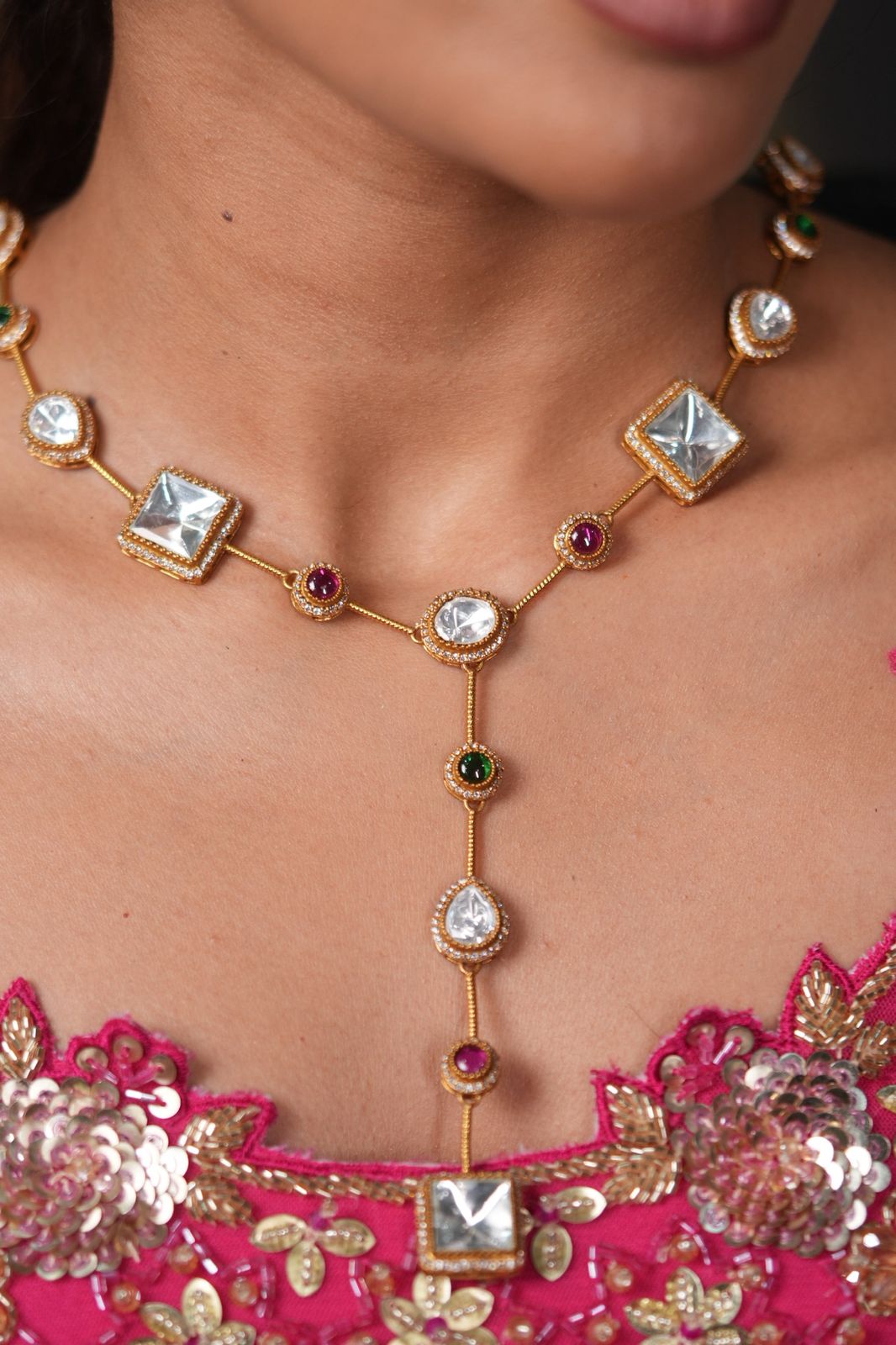 Nisha Long Statement Polki Drop Necklace with Earrings