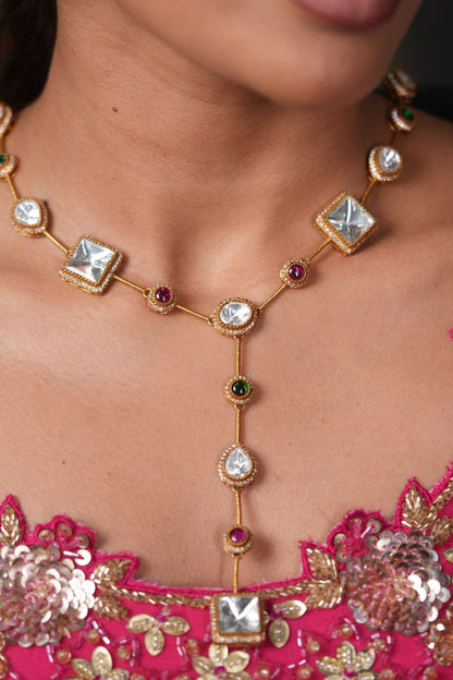 Nisha Long Statement Polki Drop Necklace with Earrings