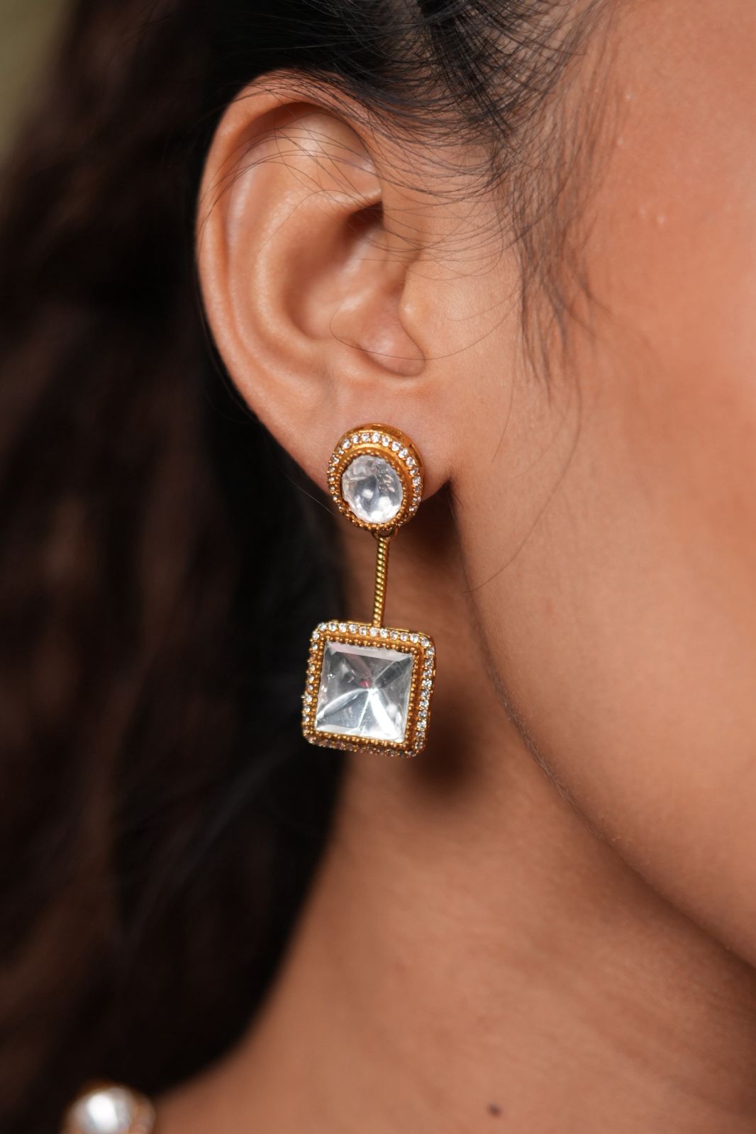 Nisha Long Statement Polki Drop Necklace with Earrings