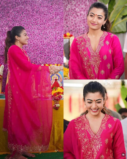 Women’s Hot Pink Embroidered Kurta Palazzo Dupatta Set