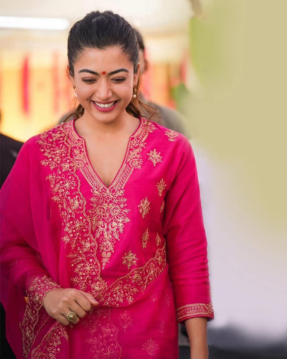 Women’s Hot Pink Embroidered Kurta Palazzo Dupatta Set