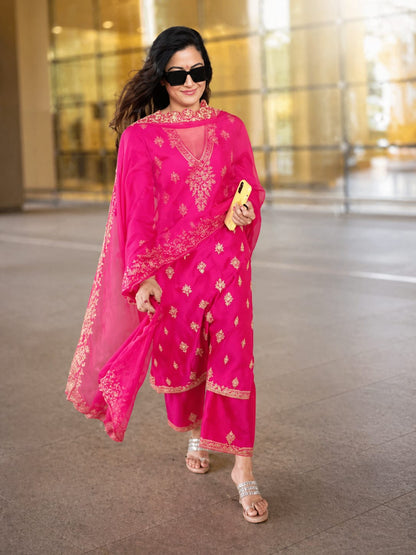 Women’s Hot Pink Embroidered Kurta Palazzo Dupatta Set