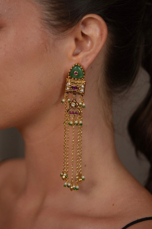 Namita Long Gold Shoulder Duster Earrings | Sone Pe Suhaga