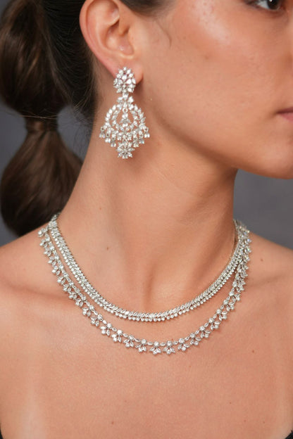 Sparkling Diva 2 Line Diamond Necklace with Long Earrings