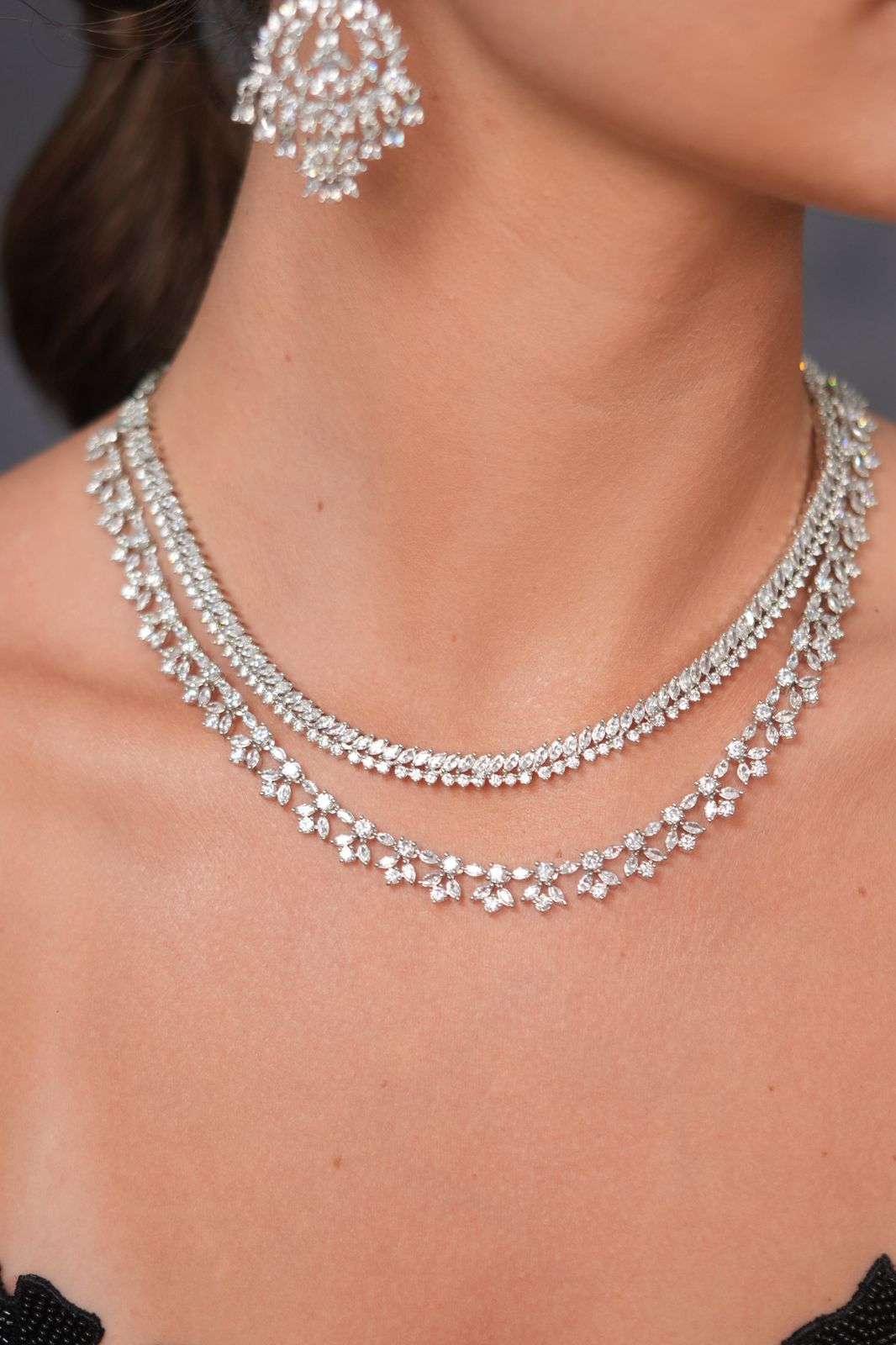 Sparkling Diva 2 Line Diamond Necklace with Long Earrings