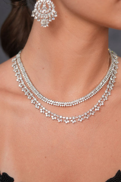 Sparkling Diva 2 Line Diamond Necklace with Long Earrings