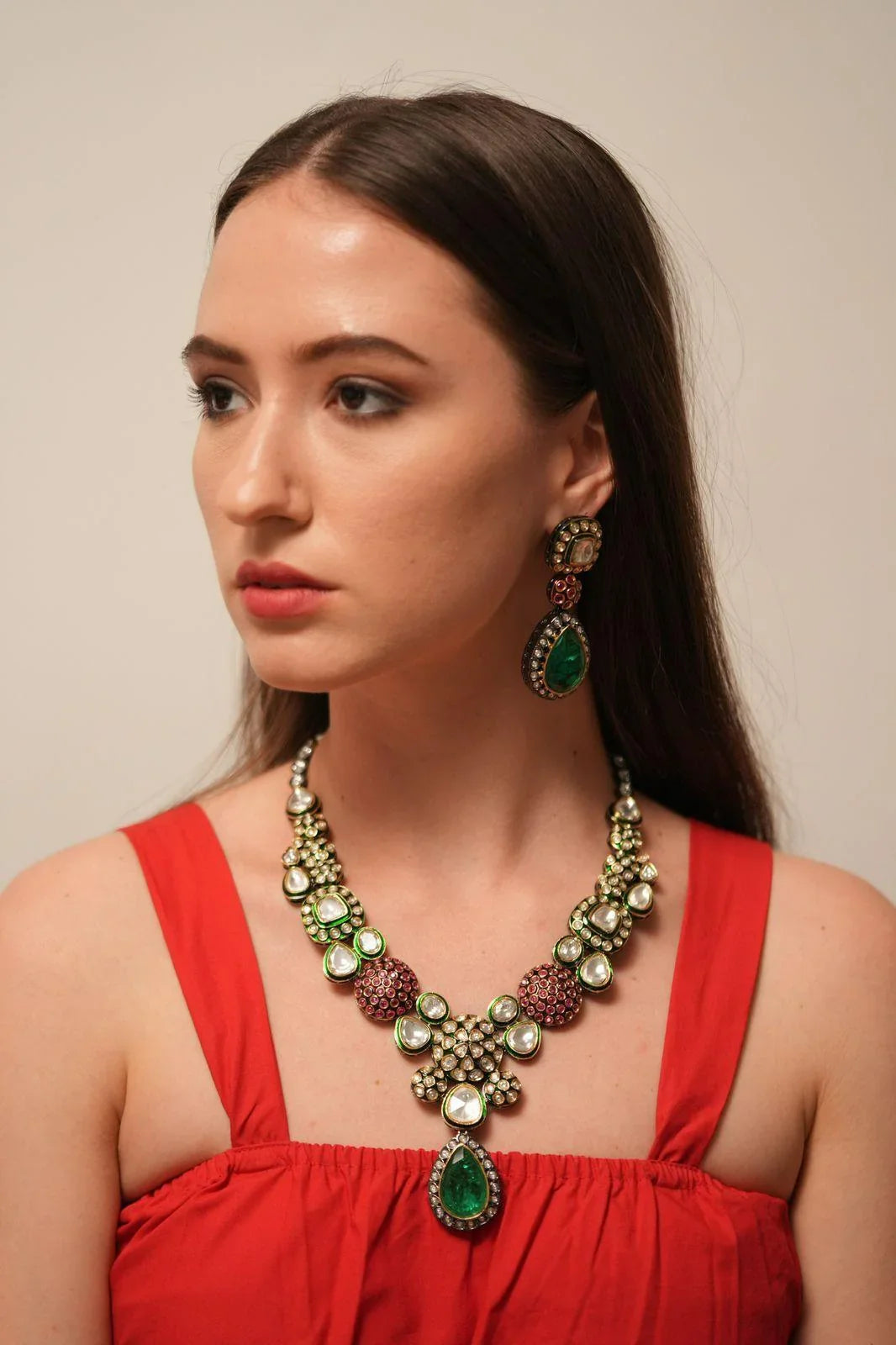Ishara Polki Meenakari Set | Long Earrings | Maangtika