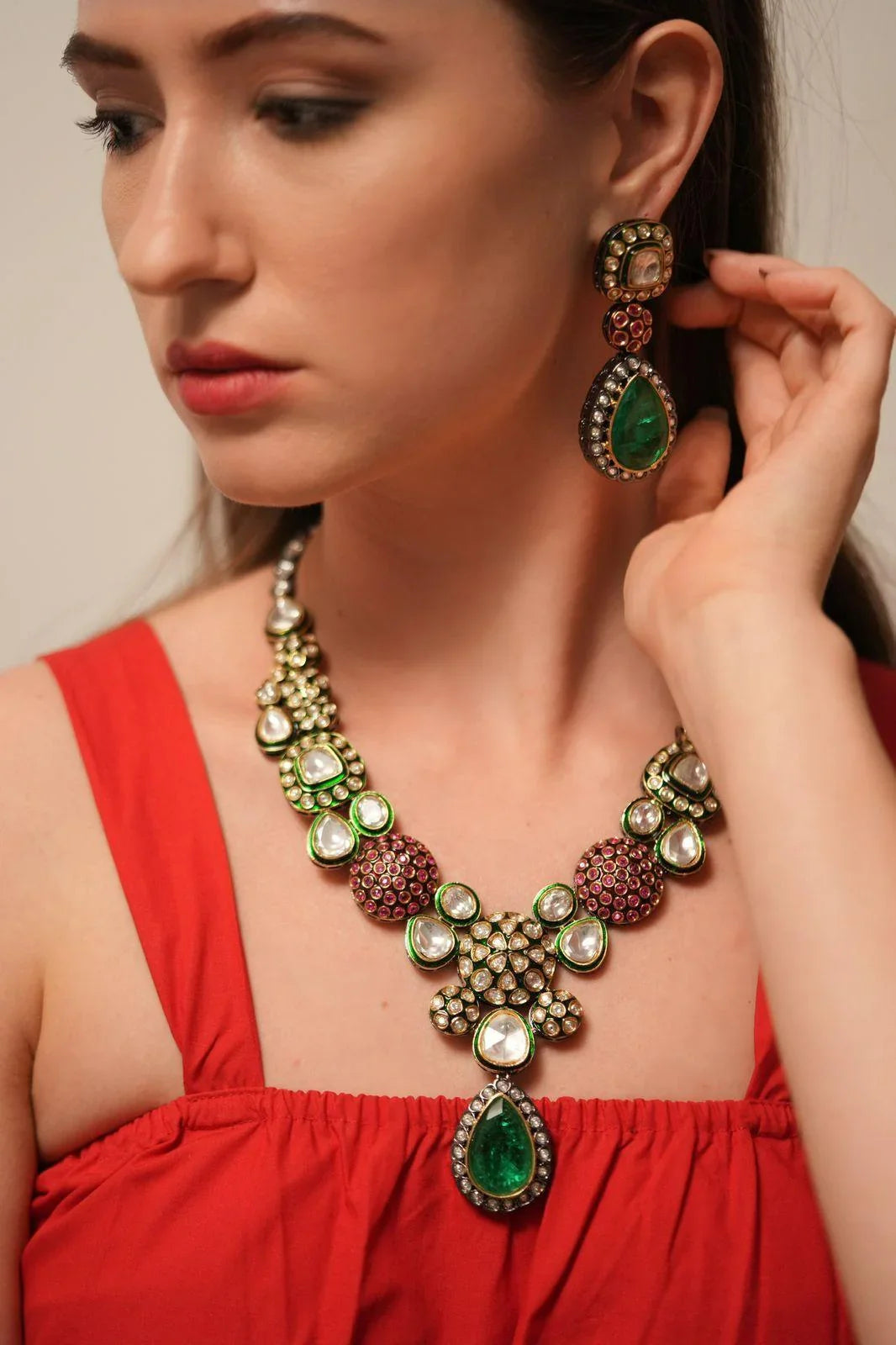 Ishara Polki Meenakari Set | Long Earrings | Maangtika