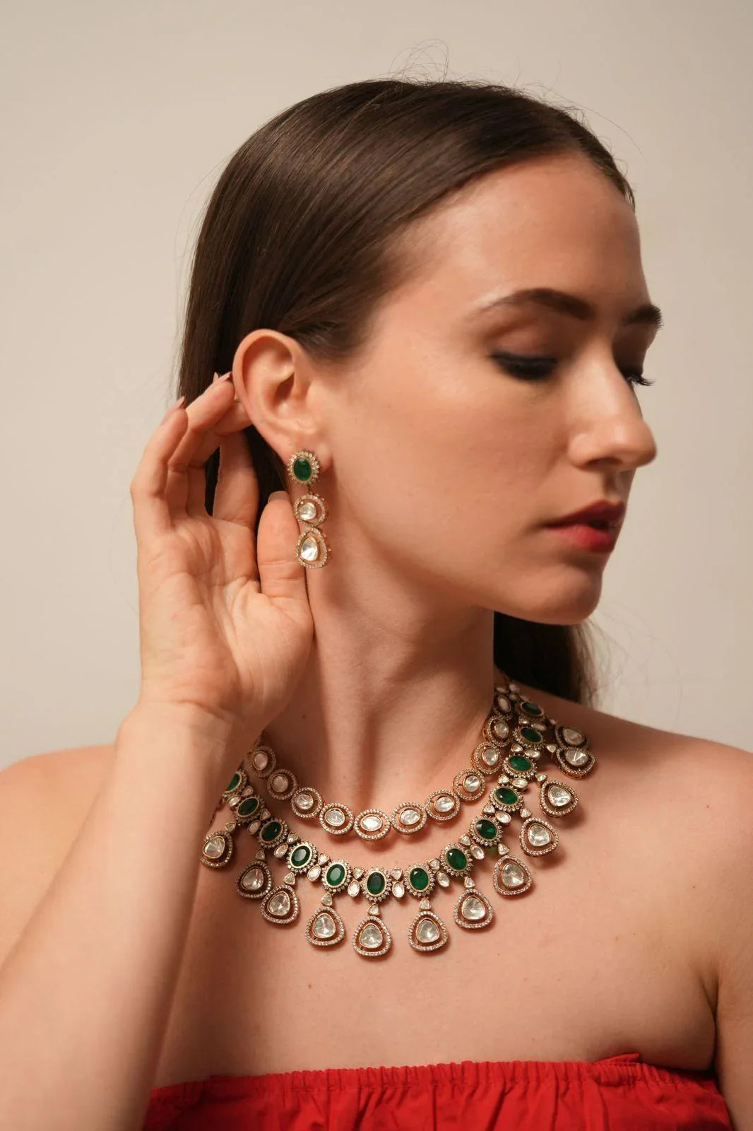 Akanksha Polki 2 Layer Necklace Set | Emerald