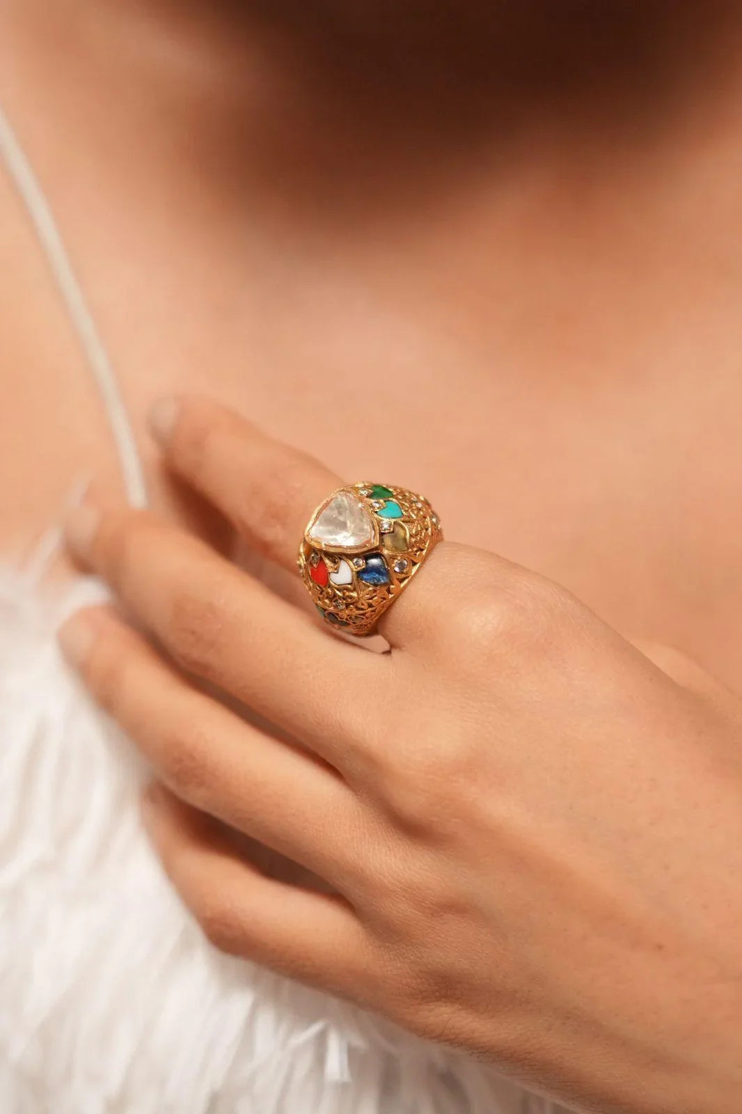 Pavani Polki Moissanite Navratna Indian Ring