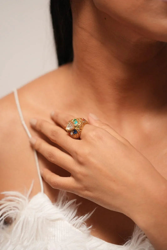 Pavani Polki Moissanite Navratna Indian Ring