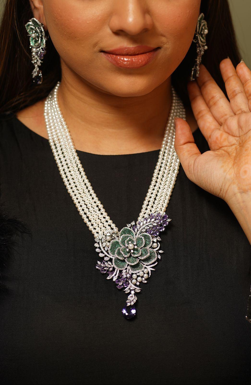 Vanessa Floral Pearl Long Necklace Set