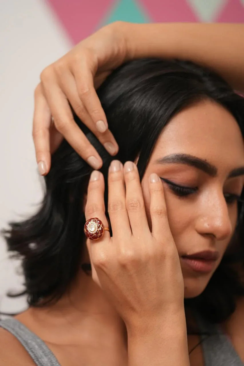 Vedavati Enamel IndoWestern Polki Ring | Adjustable