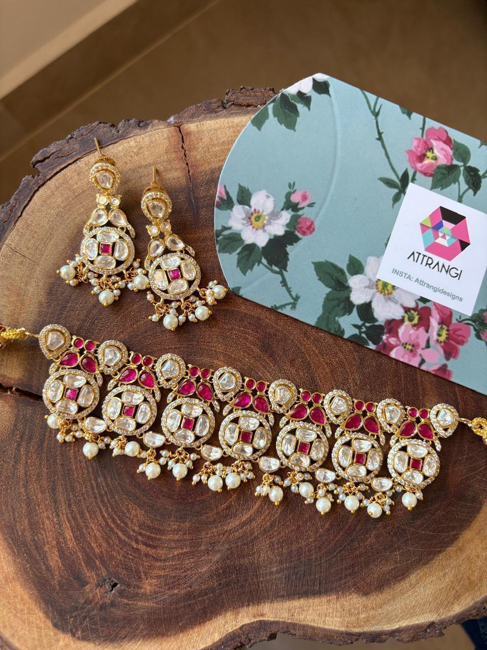 Swati Moissanite Mid Sized Gold Polki Choker Set