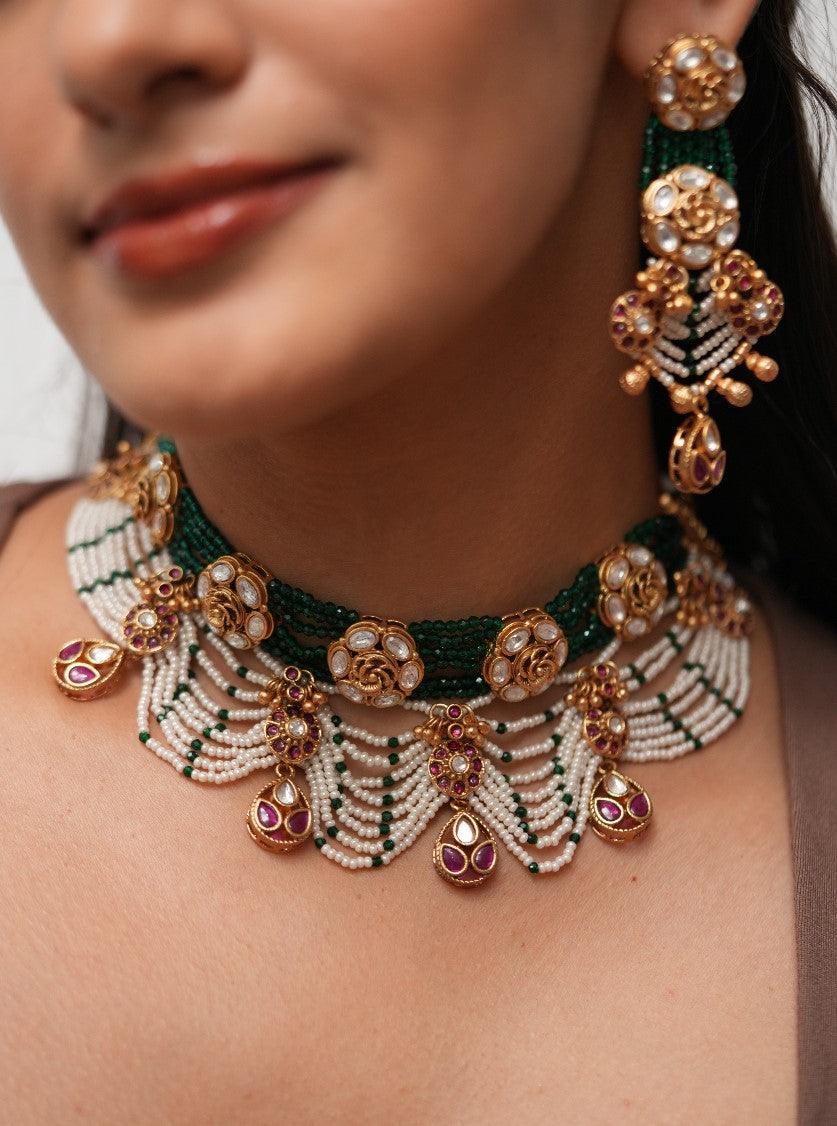 Paridhi Gold Pearl & Emerald Choker Set  | Sone Pe Suhaga