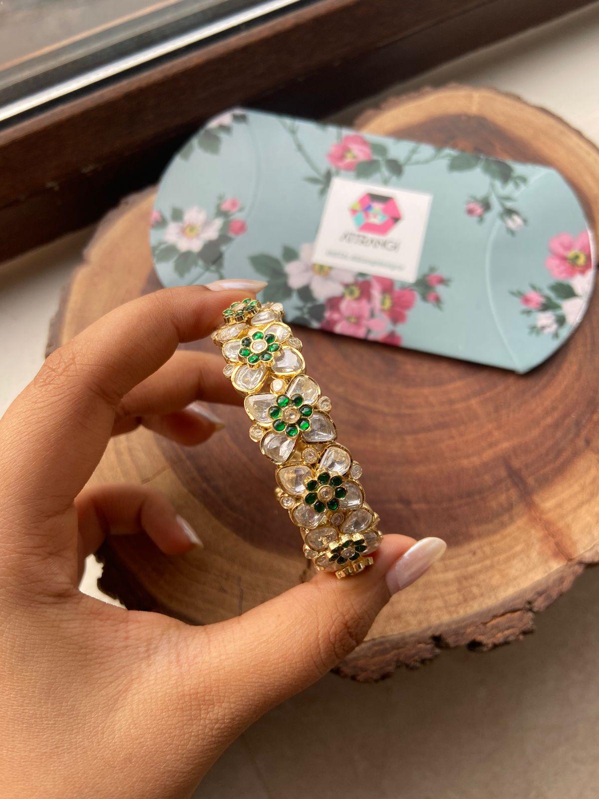Moissanite 3D floral Polki Indian Kada In Gold Polish