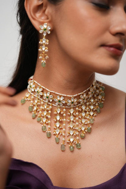 Dhruti Moissanite Jhaalar Heavy Polki Gold Choker Set